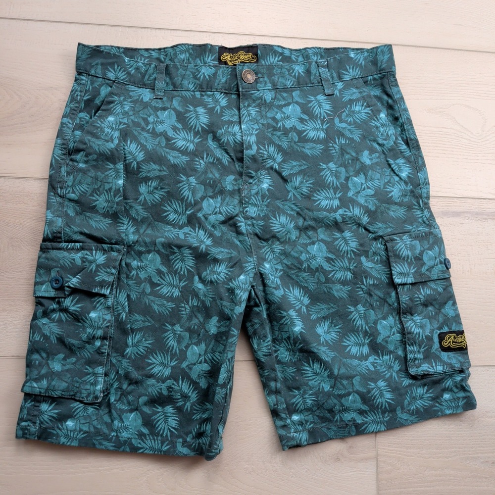 Aussie Bum Cargo6 Cargo Shorts‎ Mens XL Teal Tropical Palm Print Summer Beach